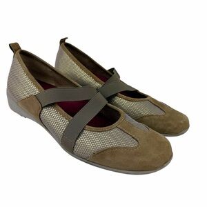 Munro Mary Janes Elastic Cross Strap Shoes Taupe Brown Gold Size 10 Style 742148